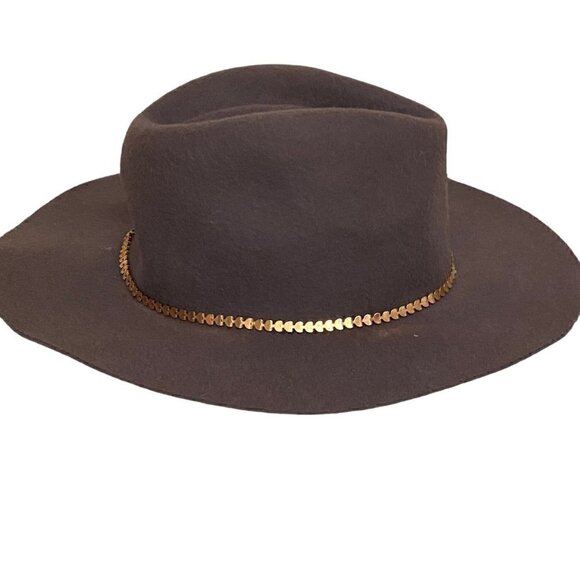 Mocha Brown Fedora Wool Hat with gold trim - Picture 3 of 5